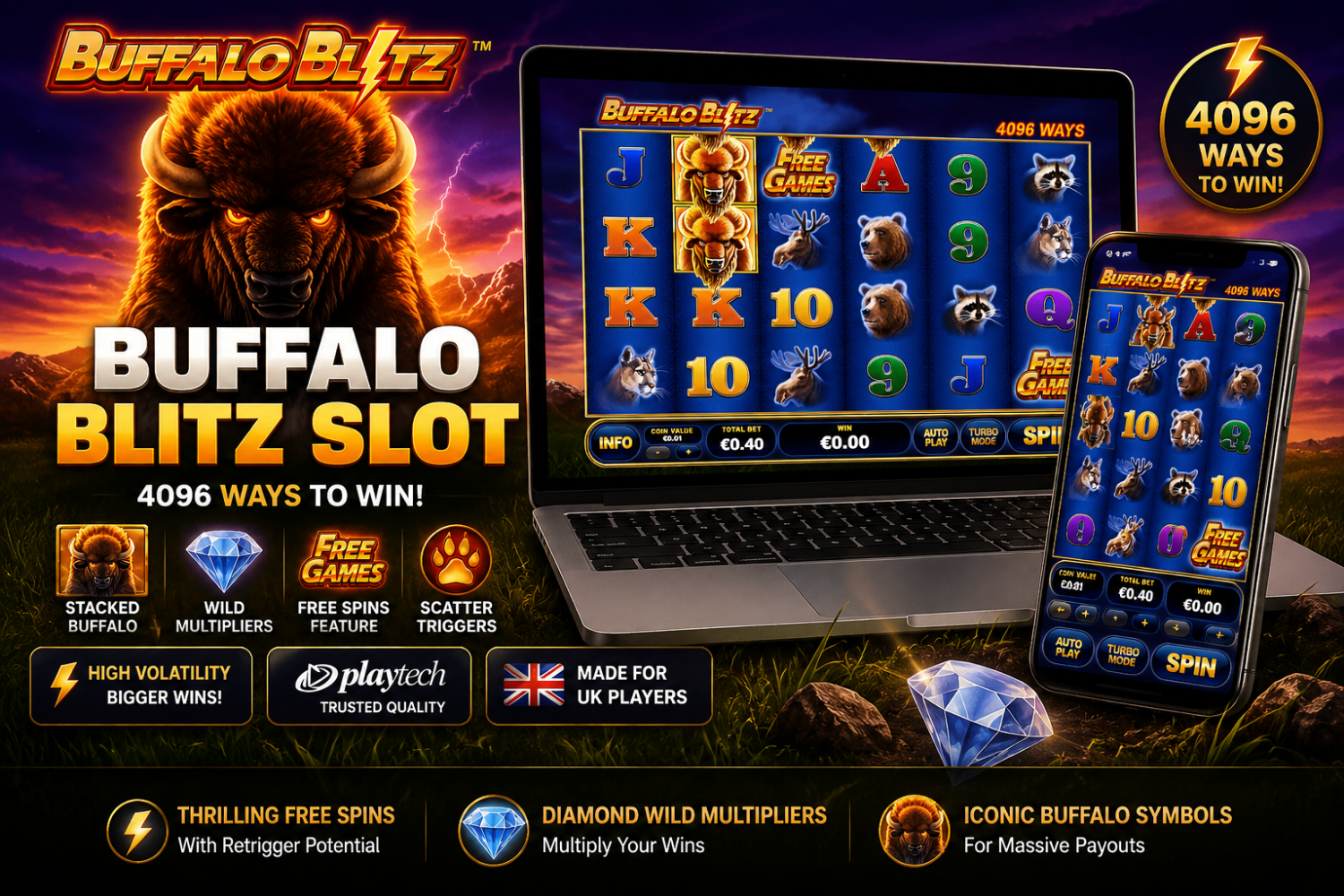 Buffalo Blitz slot gameplay on laptop and smartphone with 4096 ways to win