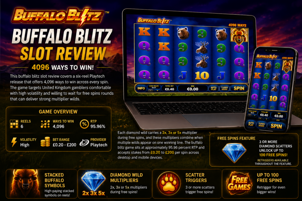 Buffalo Blitz slot review featuring stacked buffalo symbols and free spins bonus