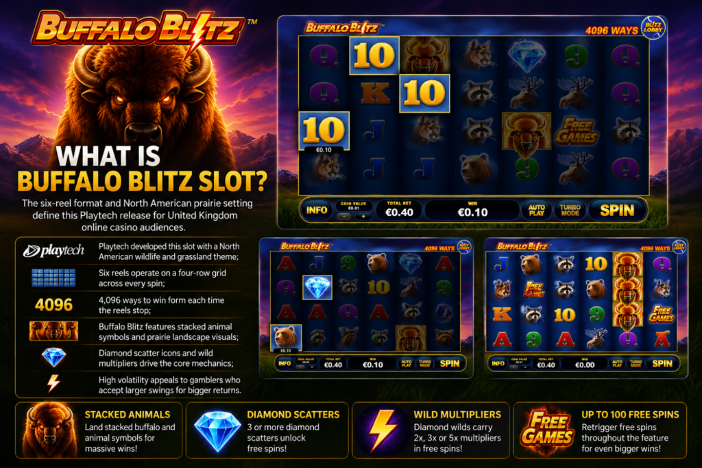 What is Buffalo Blitz slot guide with diamond scatters and wild multipliers